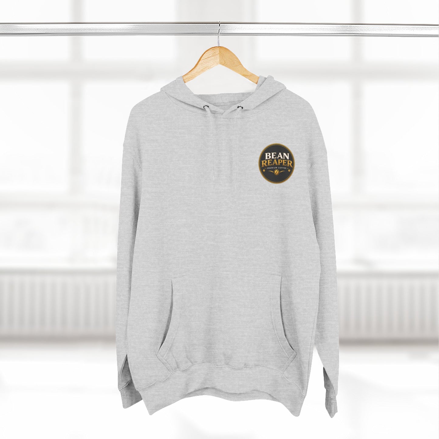Bean Reaper Hoodie — garment view of the coffee logo fleece pullover (additional product image)
