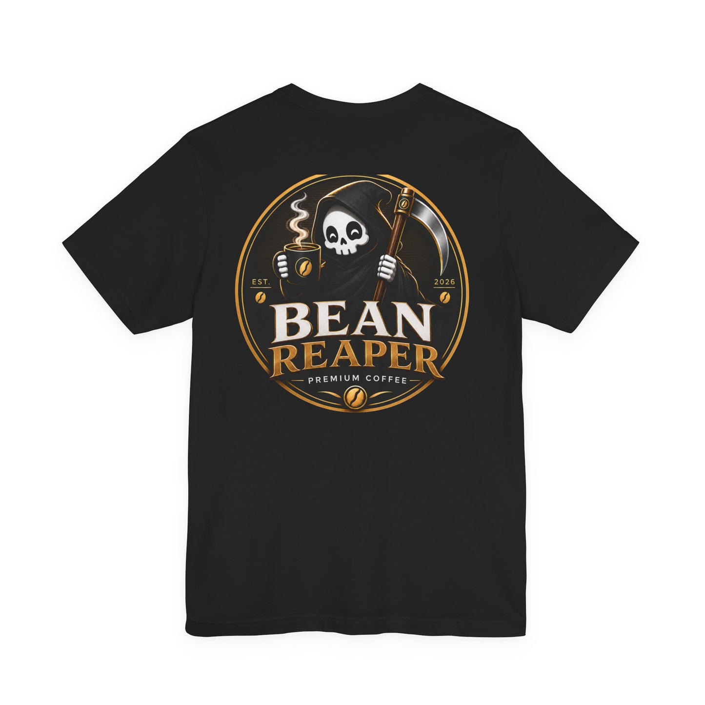 Bean Reaper Coffee T-Shirt — grim reaper coffee logo print detail (additional product image)