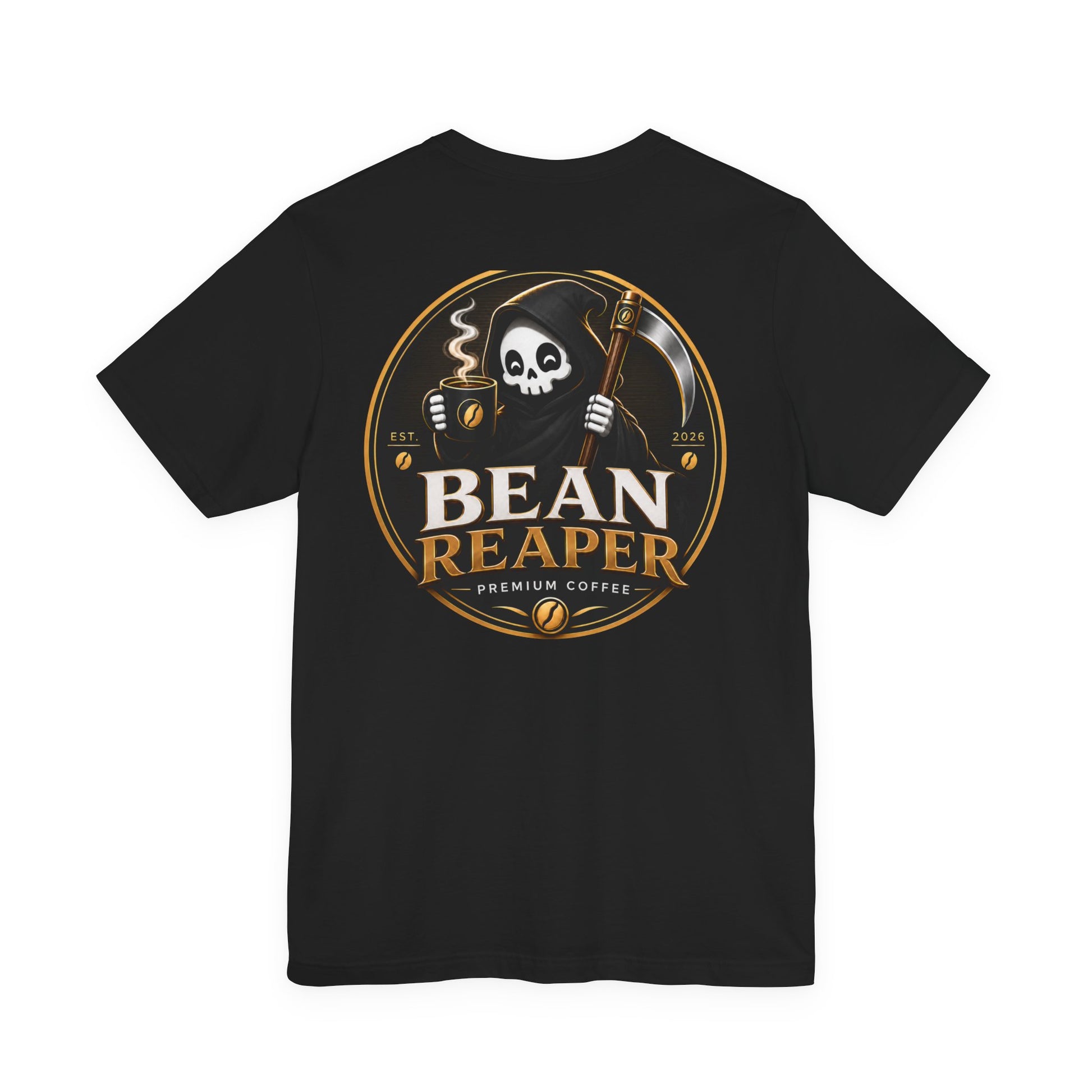 Bean Reaper Coffee T-Shirt — grim reaper coffee logo print detail (additional product image)
