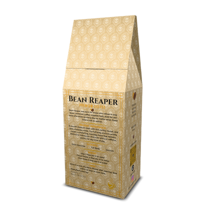 Back label of Bean Reaper Final Breath medium roast decaf coffee with tasting notes