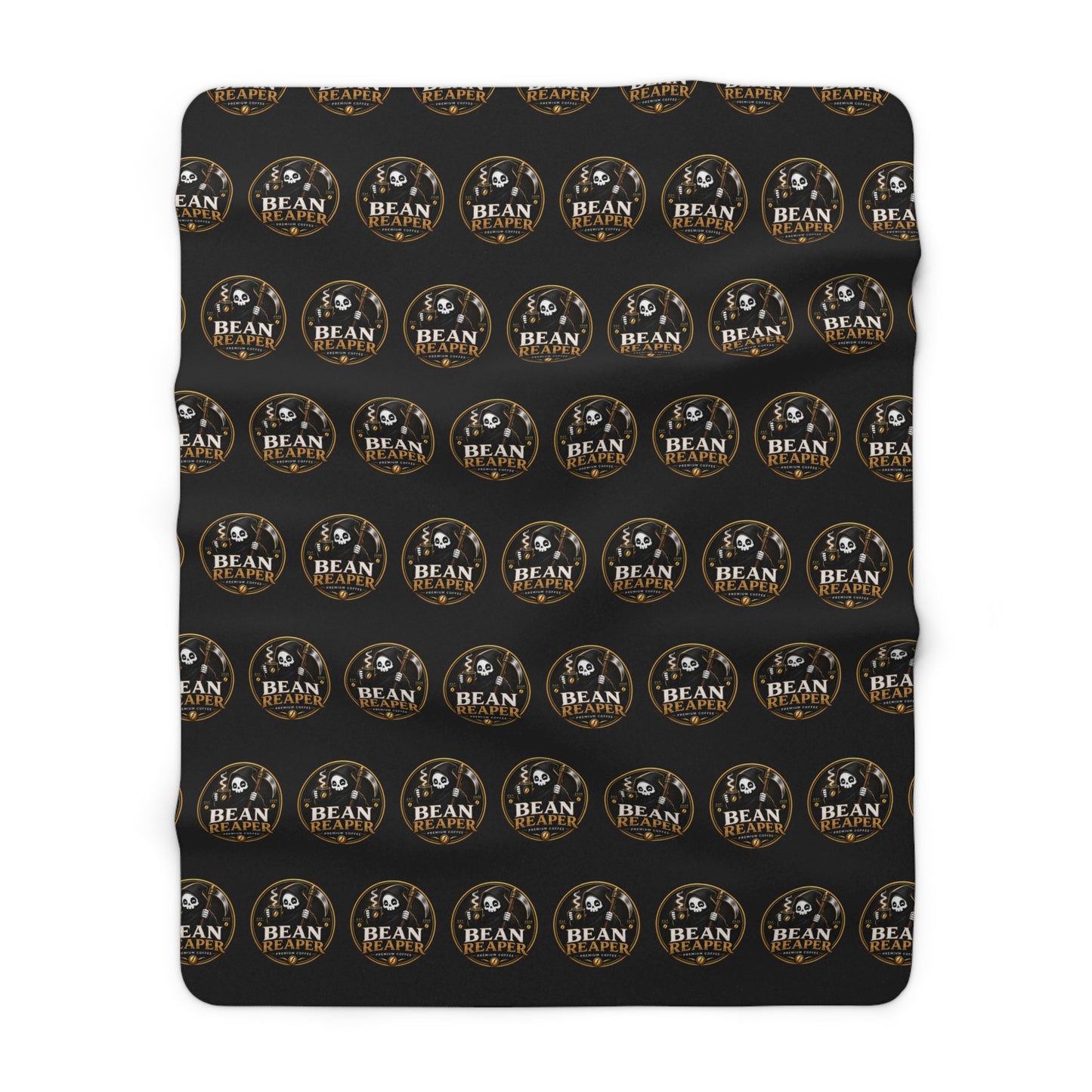 Bean Reaper sherpa blanket with skull coffee repeat pattern, cream fleece back