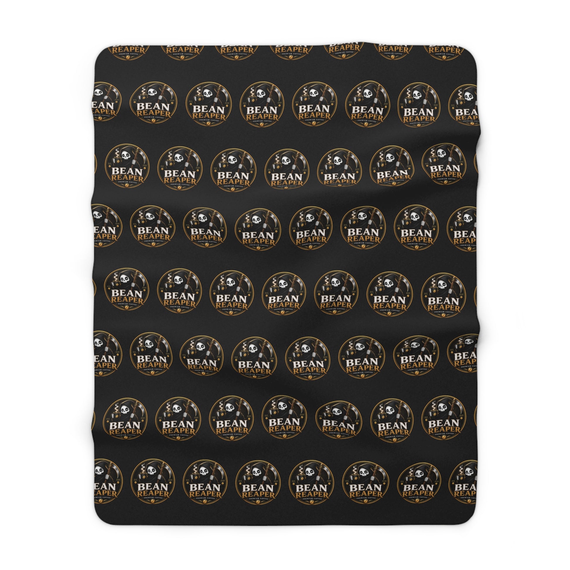 Bean Reaper sherpa blanket with skull coffee repeat pattern, cream fleece back