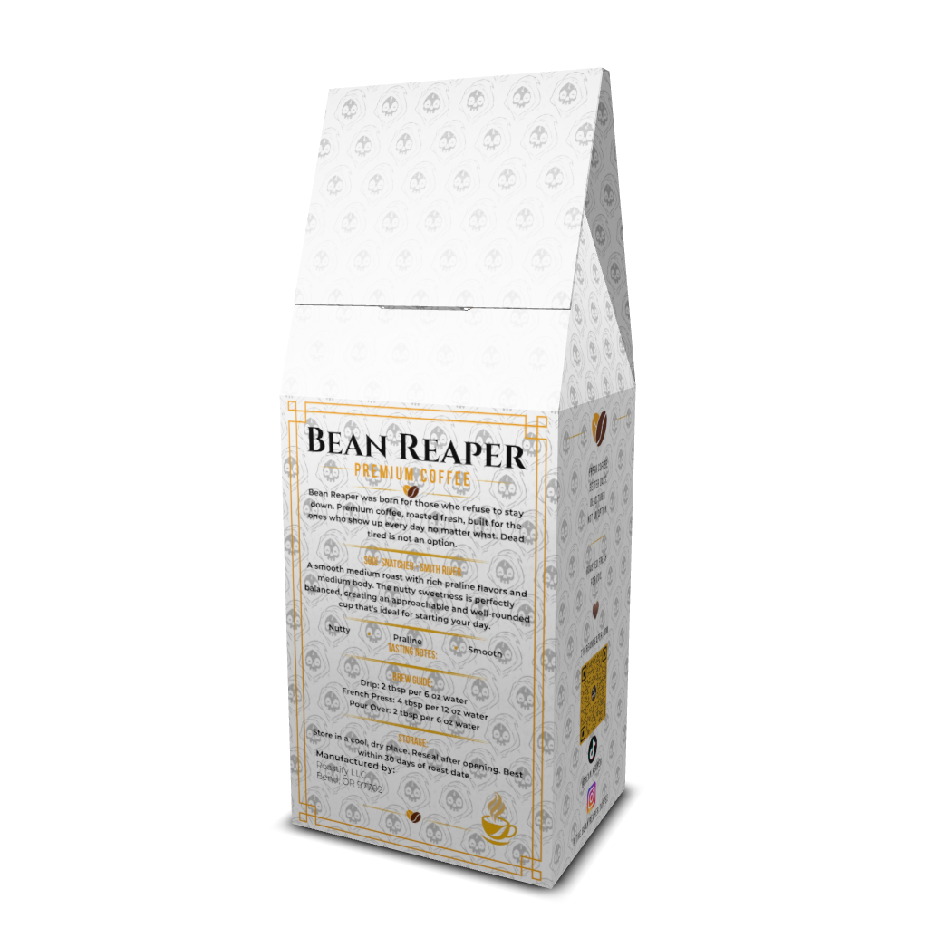 Bean Reaper Soul Snatcher medium roast coffee bag, Brazil, Colombia and Guatemala blend