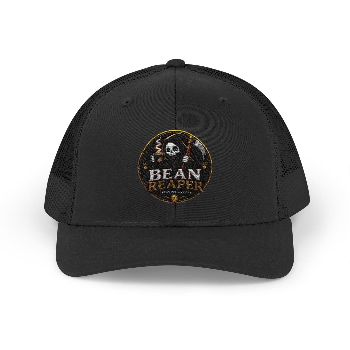 Bean Rescue vintage coffee logo trucker cap — black snapback with embroidered patch, front