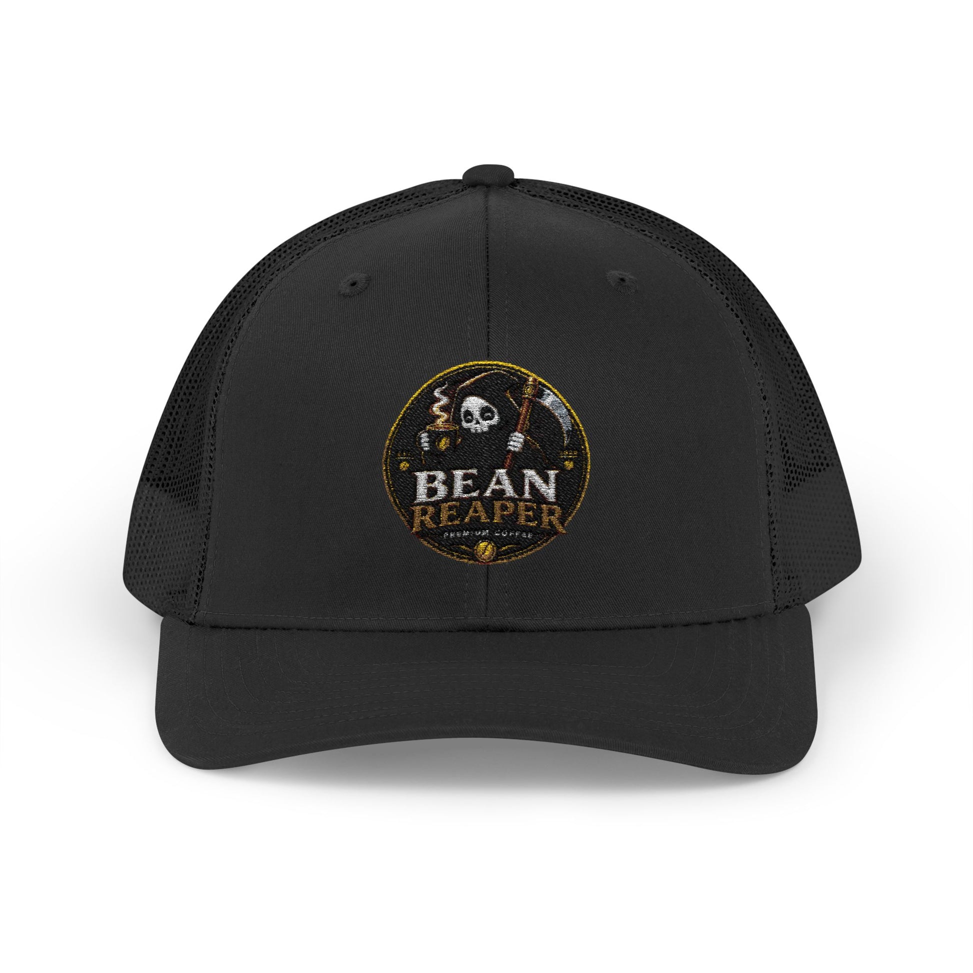 Bean Rescue vintage coffee logo trucker cap — black snapback with embroidered patch, front