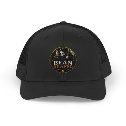 Bean Rescue vintage coffee logo trucker cap — black snapback with embroidered patch, front