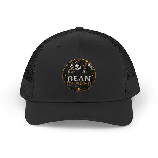 Bean Rescue vintage coffee logo trucker cap — black snapback with embroidered patch, front