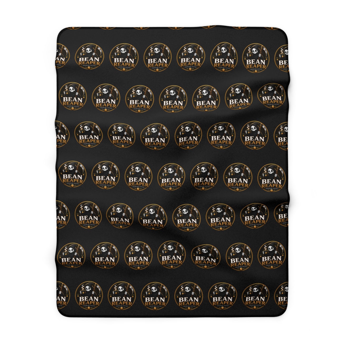 Bean Reaper cozy black coffee logo sherpa throw blanket — detail
