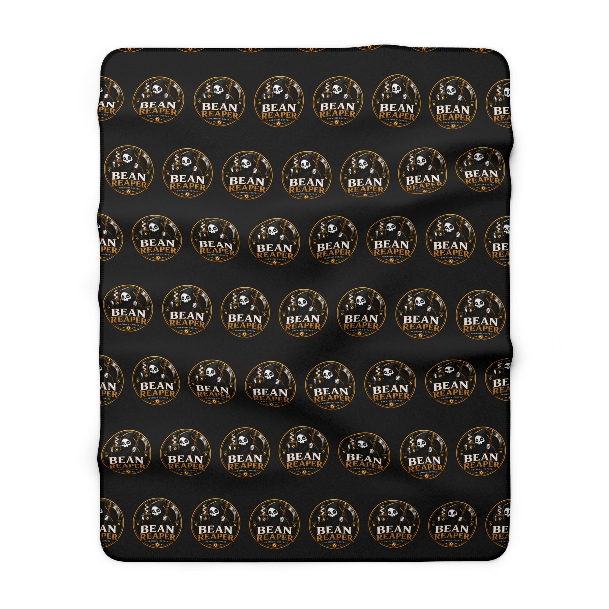 Bean Reaper cozy black coffee logo sherpa throw blanket — detail