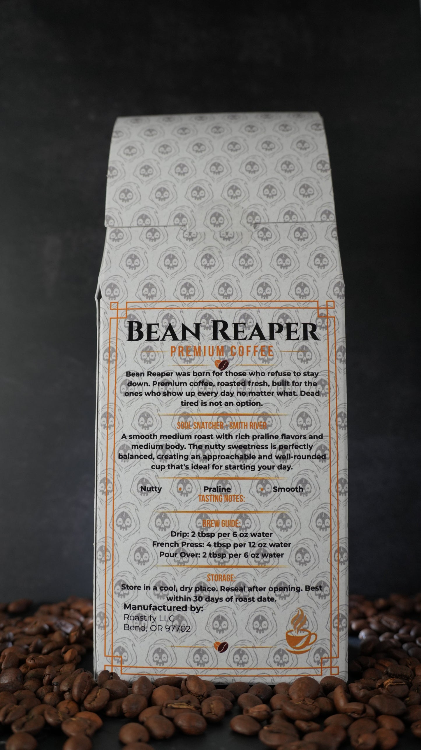 Back label of Bean Reaper Soul Snatcher medium roast coffee — Smith River — showing tasting notes of nutty, praline and smooth, plus the brew guide and storage instructions