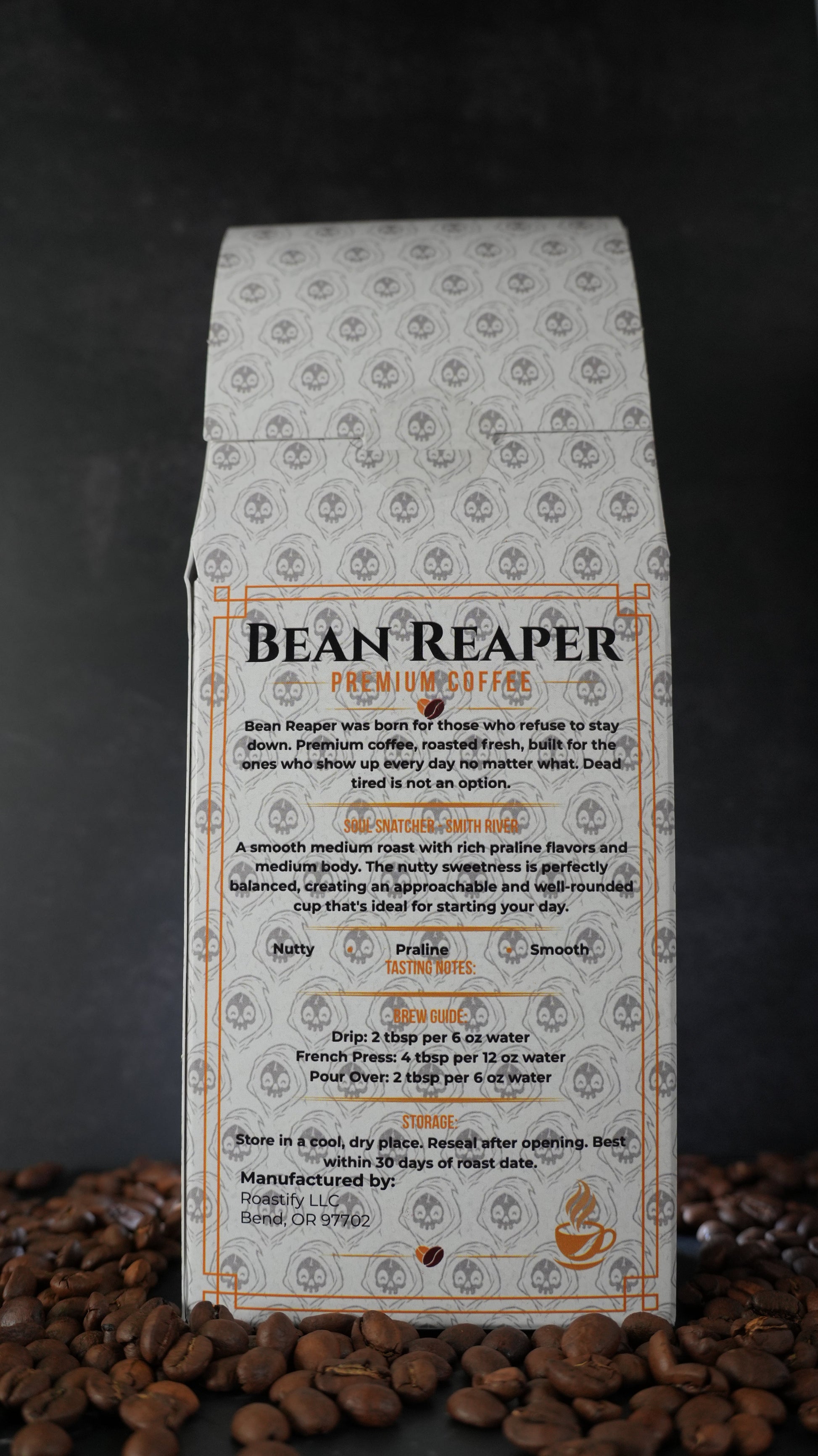 Back label of Bean Reaper Soul Snatcher medium roast coffee — Smith River — showing tasting notes of nutty, praline and smooth, plus the brew guide and storage instructions