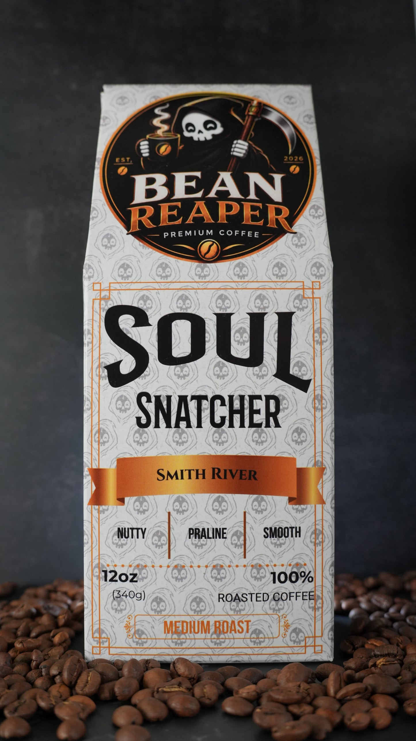 Bean Reaper Soul Snatcher coffee bag front — Smith River, 12 oz medium roast, standing on whole coffee beans
