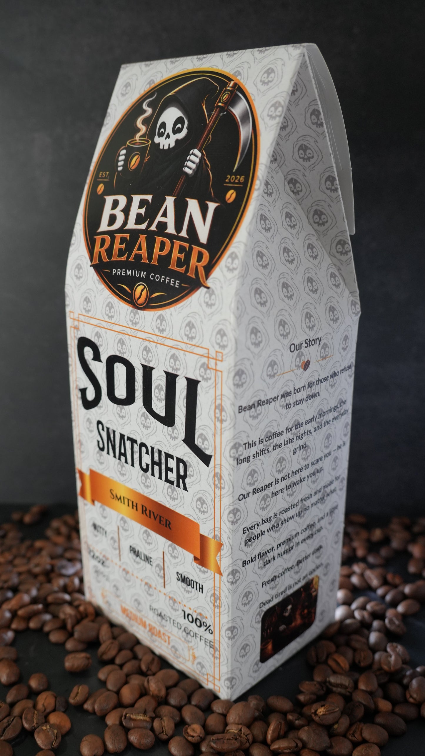 Bean Reaper Soul Snatcher coffee bag at a three-quarter angle showing the front and the Our Story side panel