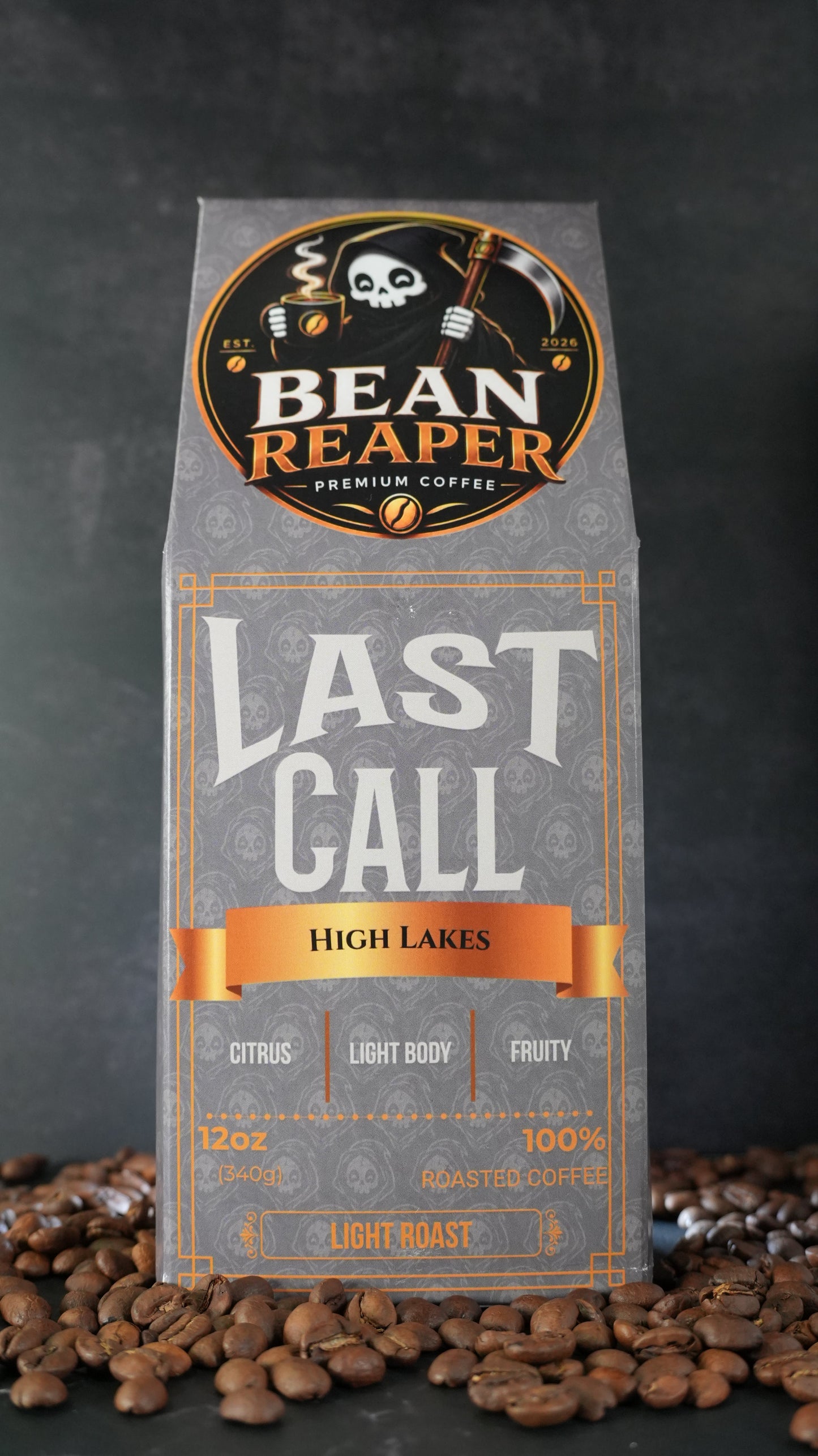 Bean Reaper Last Call coffee bag front — High Lakes, 12 oz light roast, standing on whole coffee beans