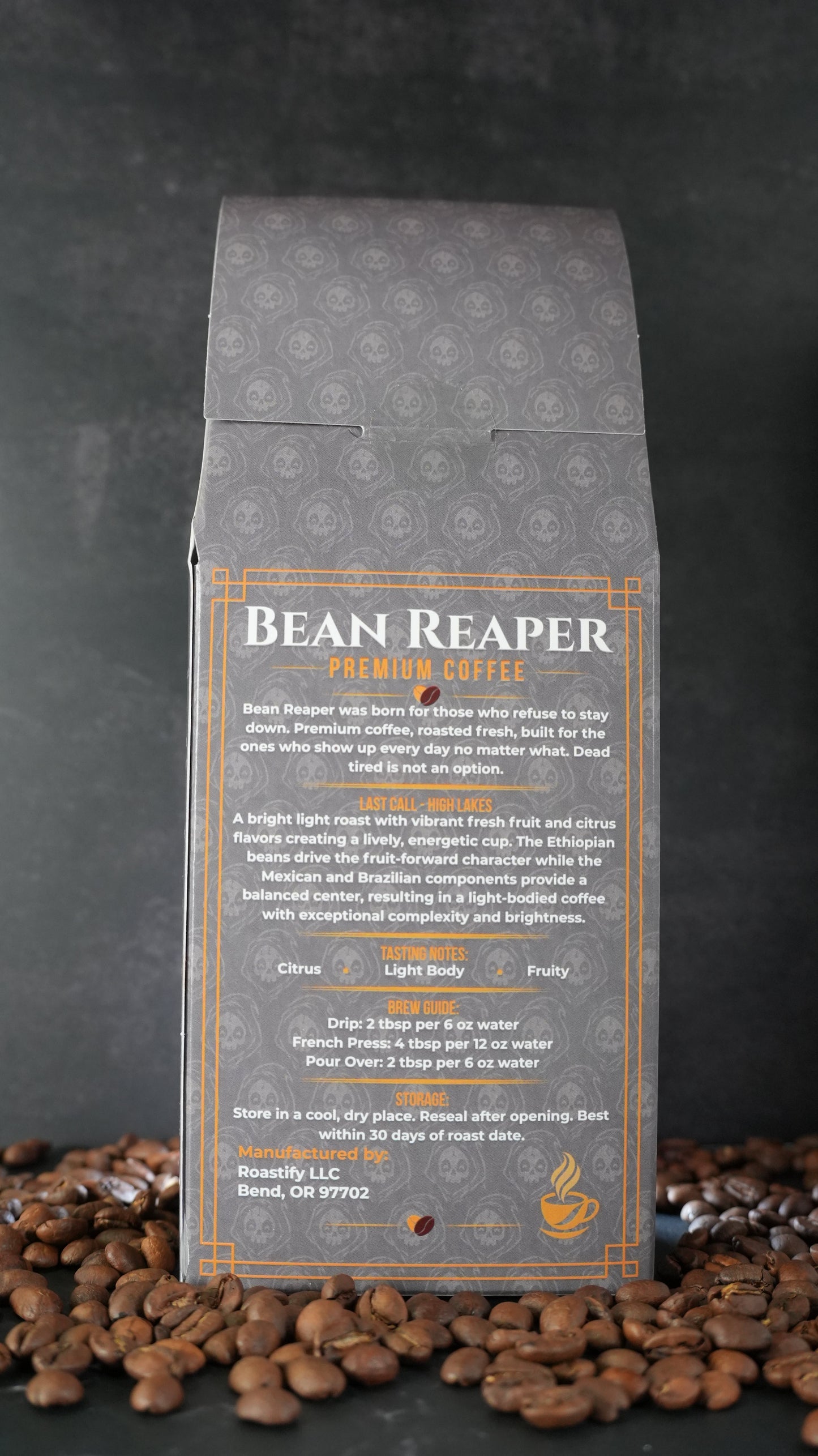 Back label of Bean Reaper Last Call light roast coffee showing tasting notes of citrus, light body and fruity, plus the brew guide and storage instructions