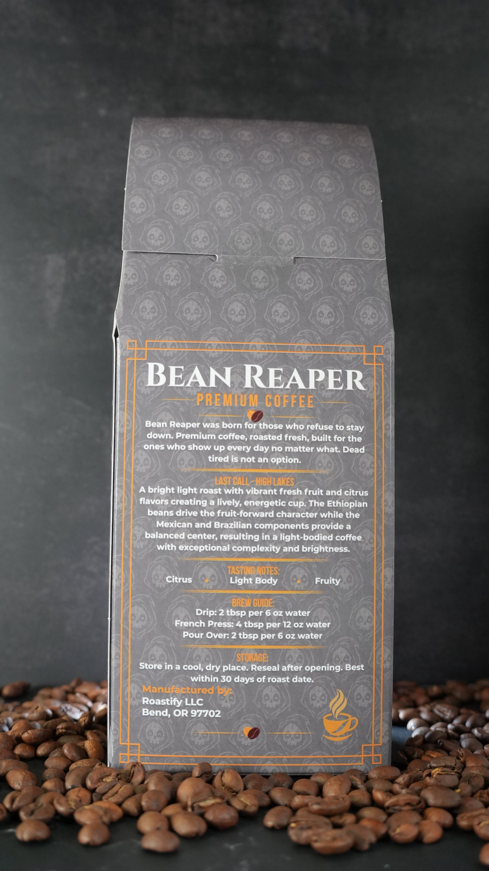 Back label of Bean Reaper Last Call light roast coffee showing tasting notes of citrus, light body and fruity, plus the brew guide and storage instructions