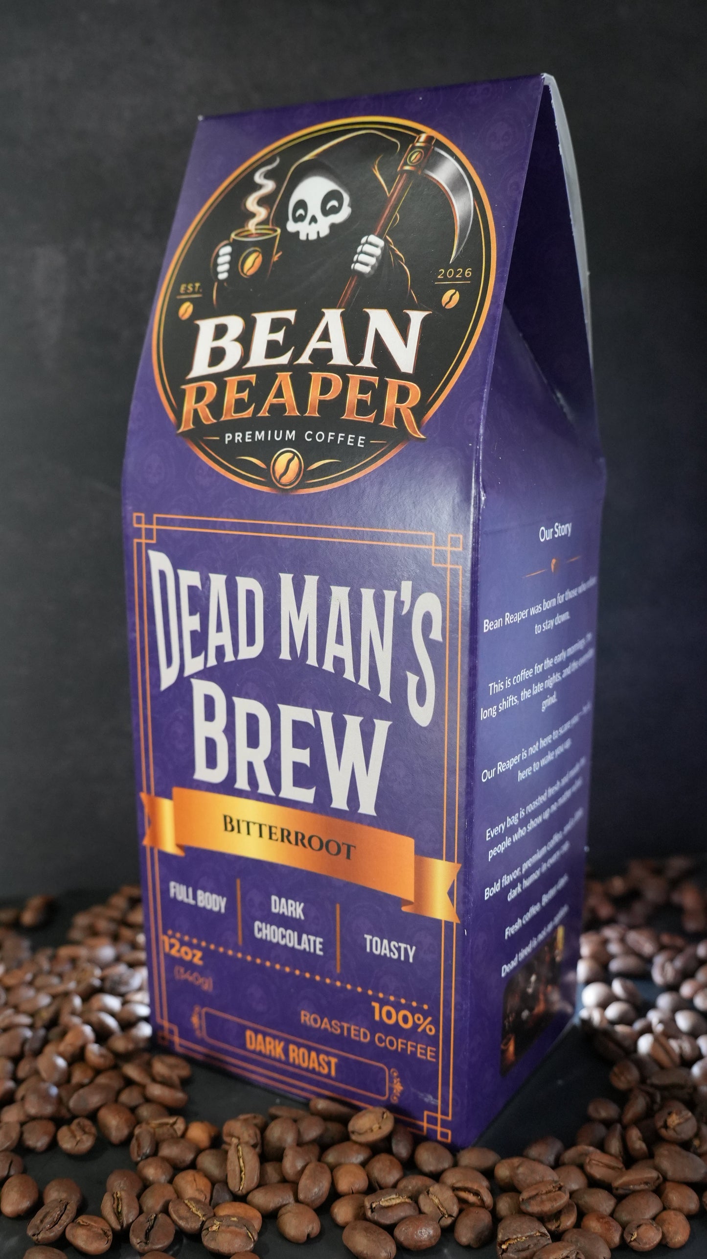 Bean Reaper Dead Man's Brew coffee bag at a three-quarter angle showing the front and the Our Story side panel