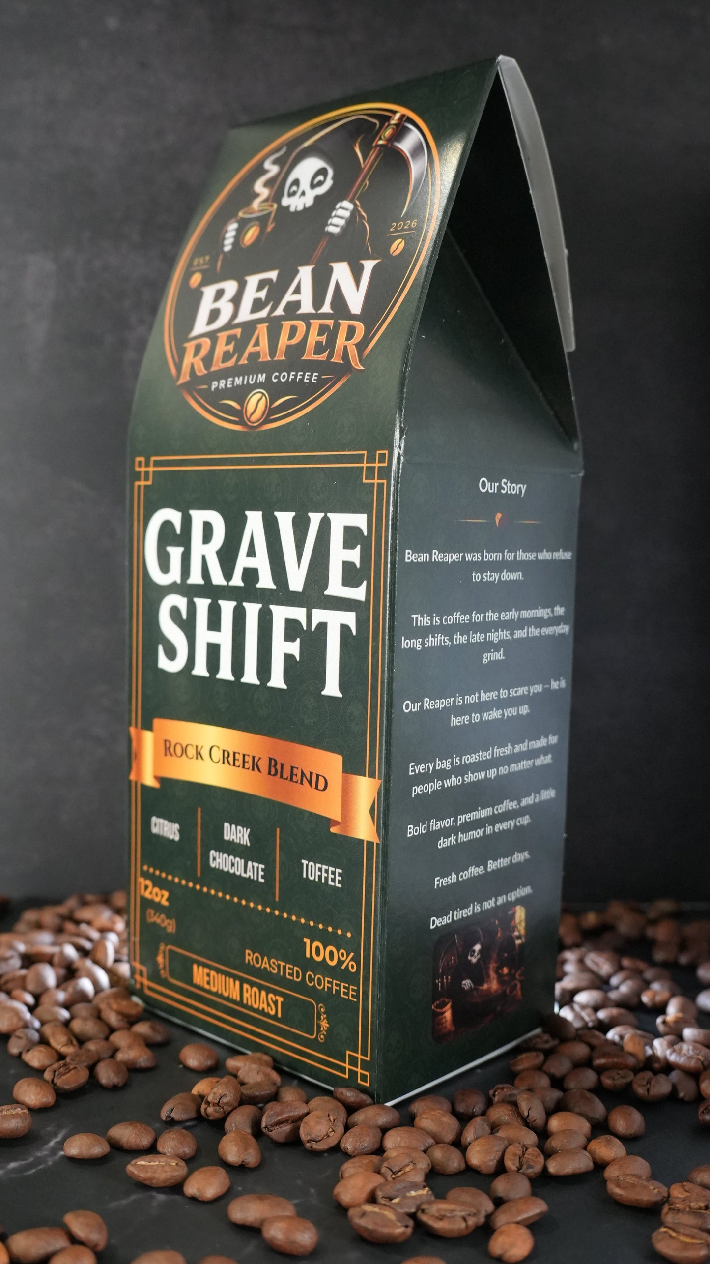 Bean Reaper Grave Shift coffee bag at a three-quarter angle showing the front and the Our Story side panel