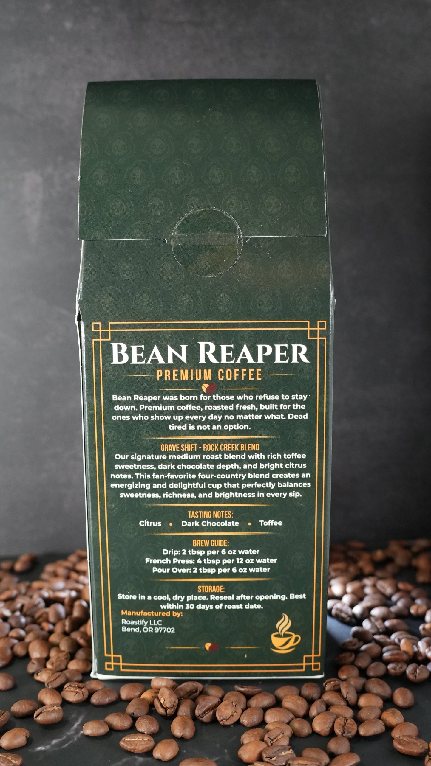 Back label of Bean Reaper Grave Shift coffee showing tasting notes of citrus, dark chocolate and toffee, plus the brew guide and storage instructions