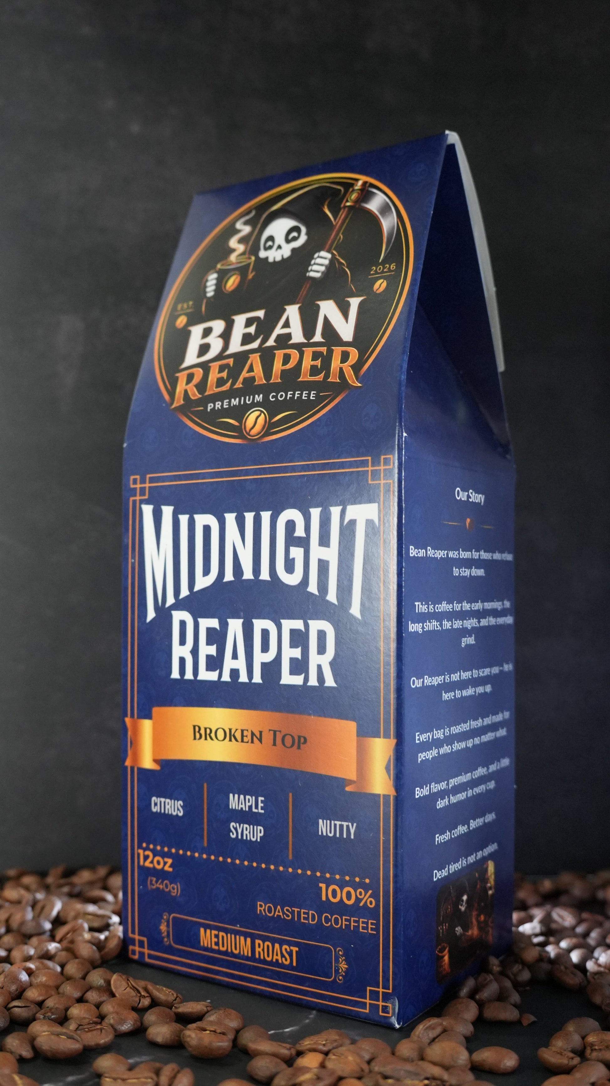 Bean Reaper Midnight Reaper coffee bag at a three-quarter angle showing the front and the Our Story side panel
