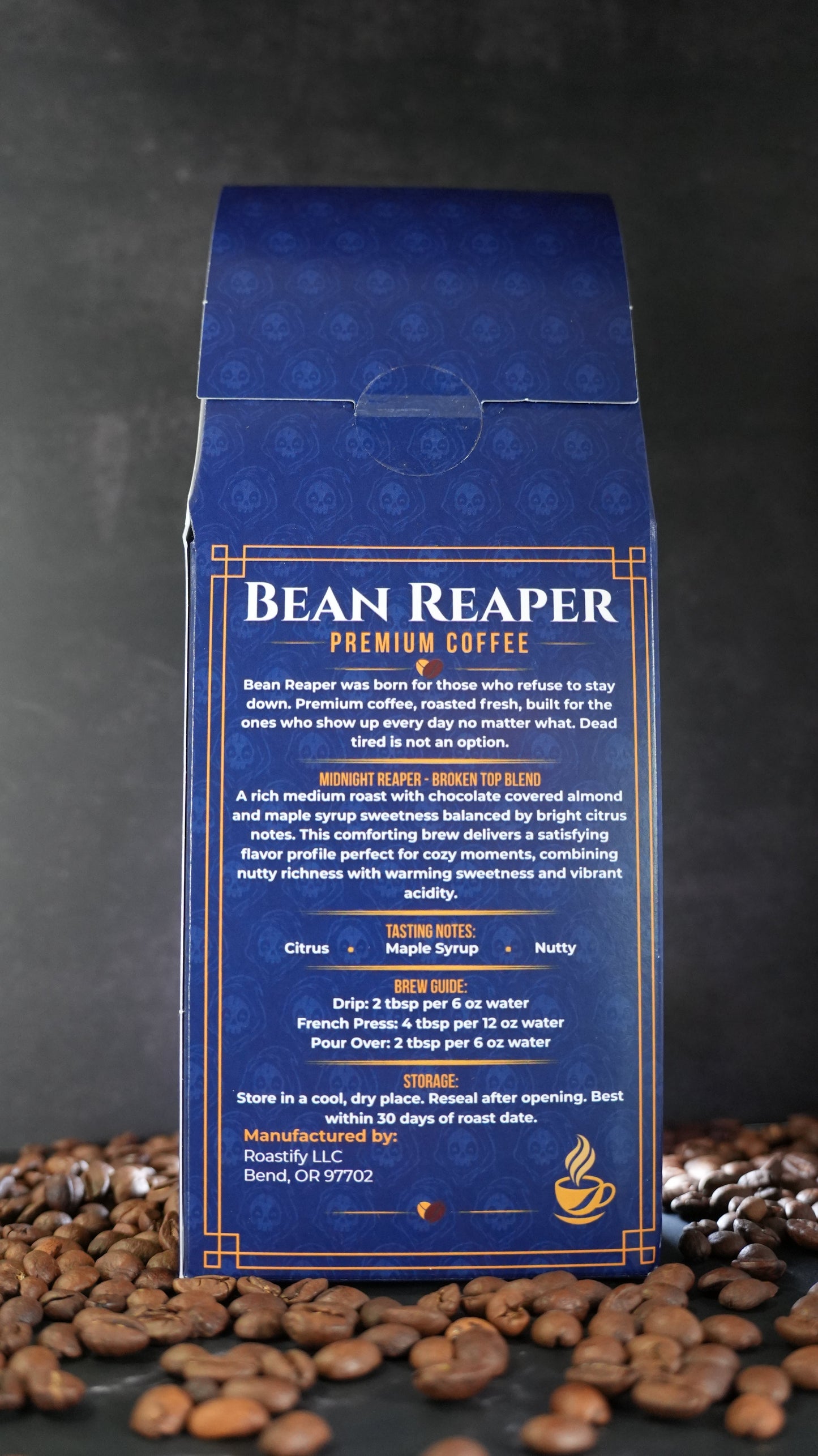 Back label of Bean Reaper Midnight Reaper coffee showing tasting notes of citrus, maple syrup and nutty, plus the brew guide and storage instructions