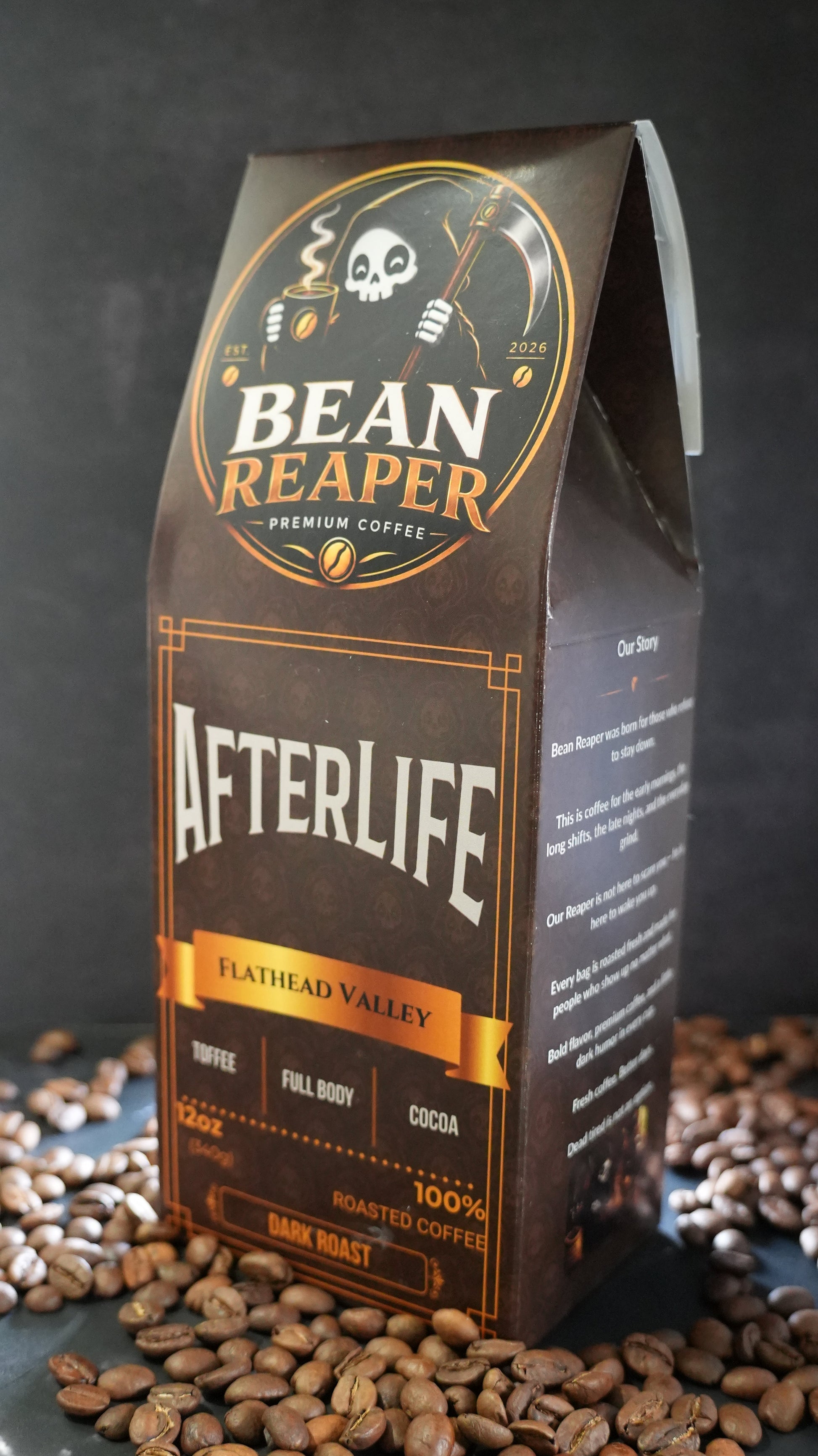 Bean Reaper Afterlife dark roast coffee bag at a three-quarter angle showing the front and side panel