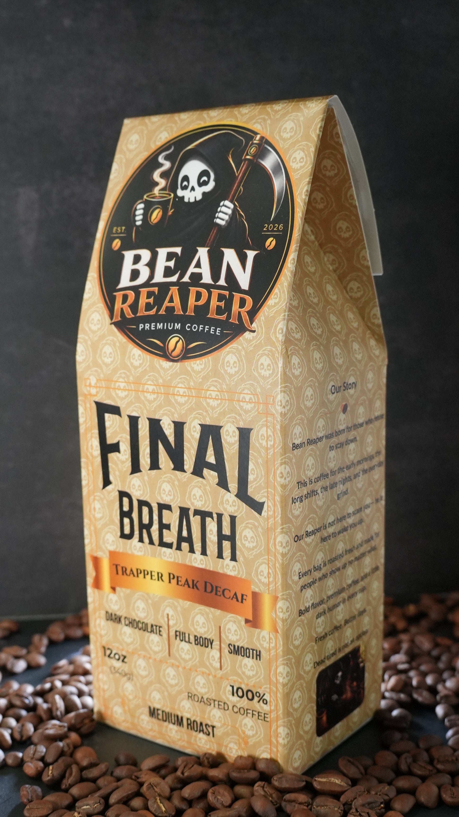 Bean Reaper Final Breath decaf coffee bag at a three-quarter angle showing the front and side panel