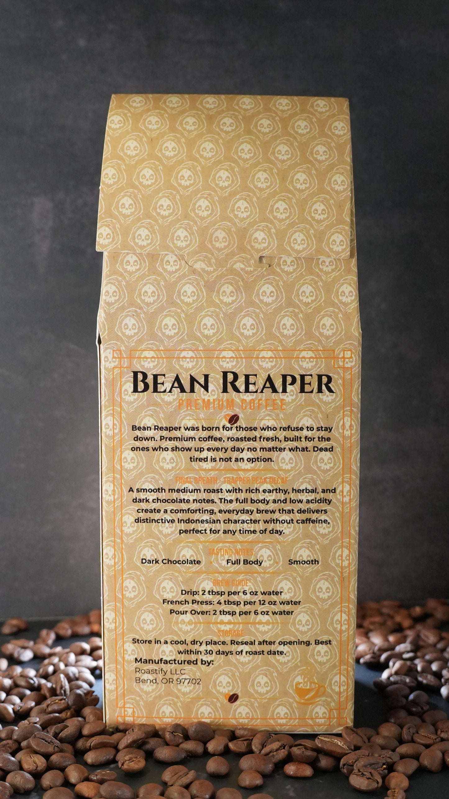 Back label of Bean Reaper Final Breath decaf coffee showing tasting notes, brewing guide and roast date