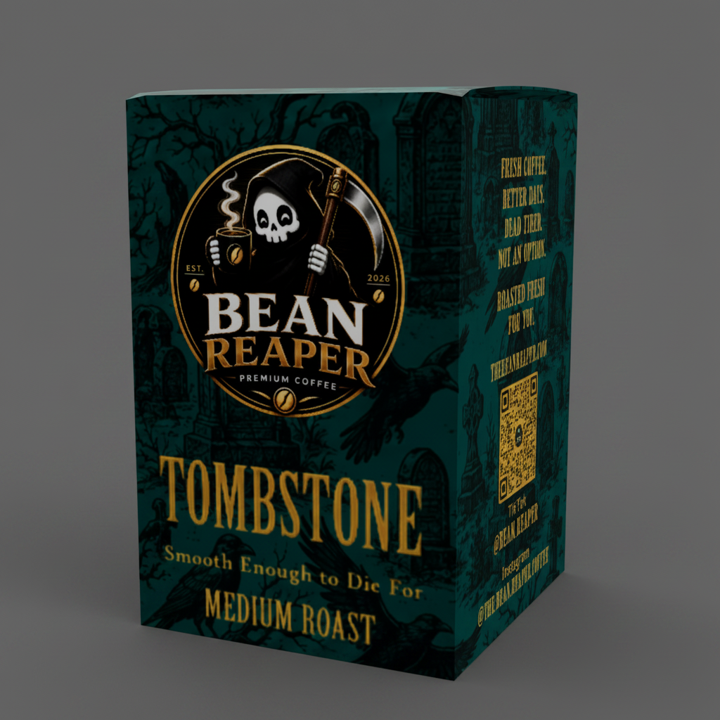 Tombstone medium roast coffee pod box by Bean Reaper, front angle of the green box with gold Tombstone lettering