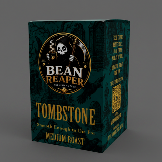 Tombstone medium roast coffee pod box by Bean Reaper, front angle of the green box with gold Tombstone lettering