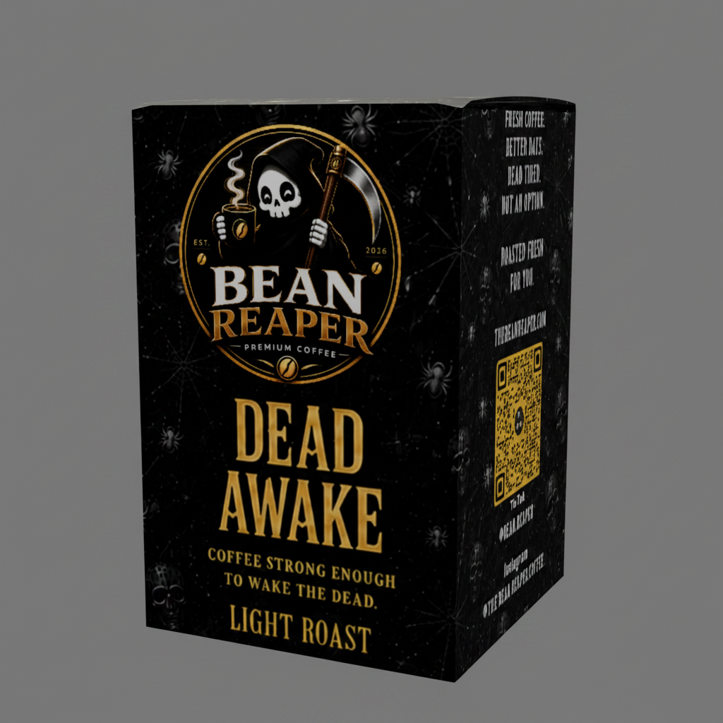 Dead Awake light roast coffee pod box by Bean Reaper, front angle with gold reaper logo and Light Roast label