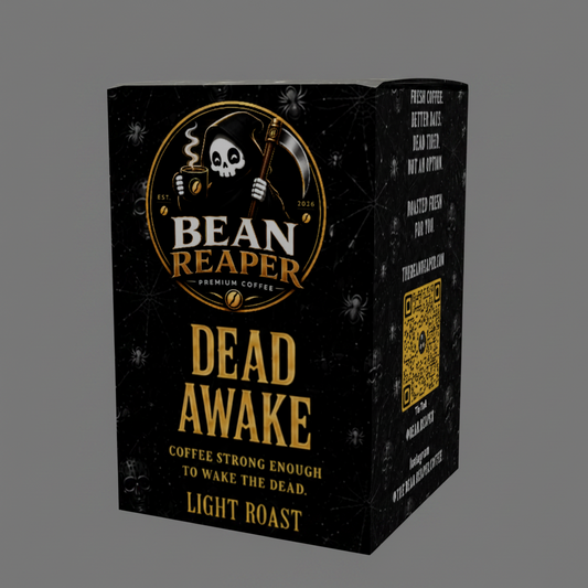Dead Awake light roast coffee pod box by Bean Reaper, front angle with gold reaper logo and Light Roast label