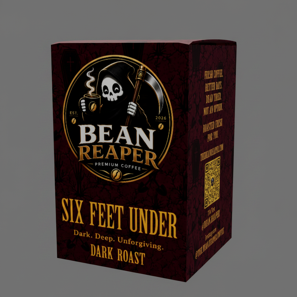 Six Feet Under dark roast coffee pod box by Bean Reaper, front angle of the dark red box with gold lettering