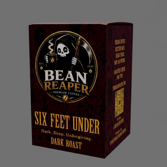Six Feet Under dark roast coffee pod box by Bean Reaper, front angle of the dark red box with gold lettering