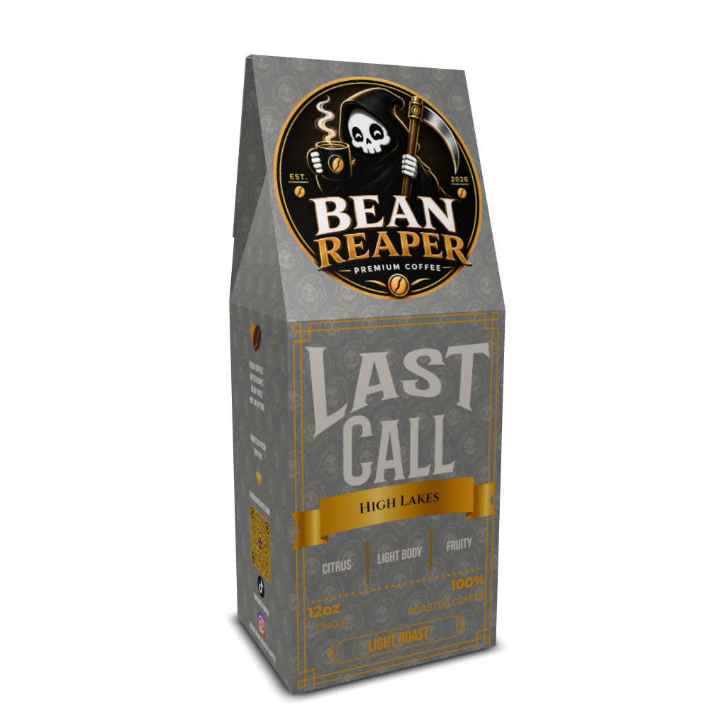 Bean Reaper Last Call light roast coffee bag, Ethiopian, Mexican and Brazilian blend