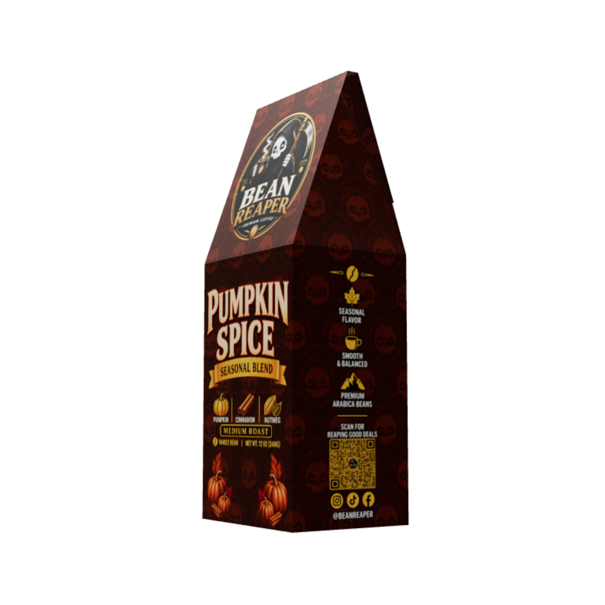 Bean Reaper Pumpkin Spice coffee bag side panel: seasonal flavor, smooth and balanced, premium arabica beans