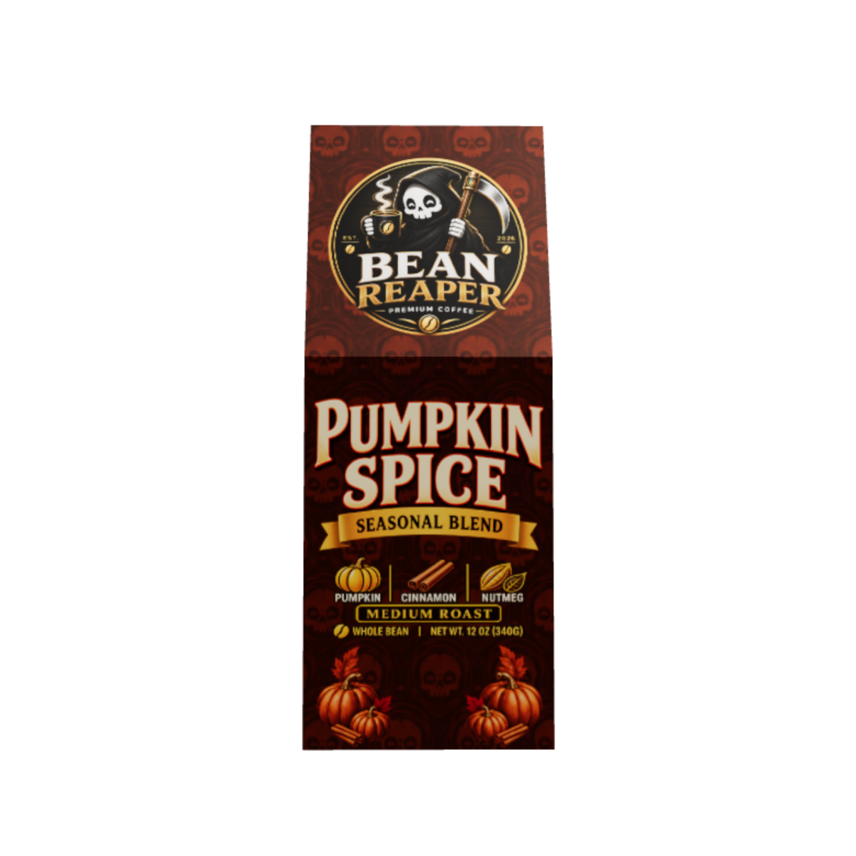 Bean Reaper Pumpkin Spice 12 oz coffee bag, straight-on front view showing pumpkin, cinnamon and nutmeg notes