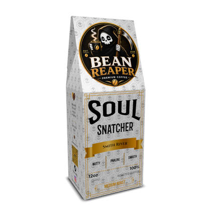 Back label of Bean Reaper Soul Snatcher medium roast blend coffee with tasting notes