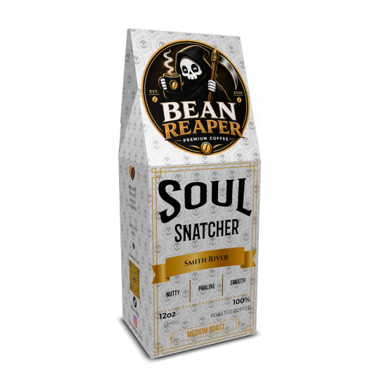 Back label of Bean Reaper Soul Snatcher medium roast blend coffee with tasting notes