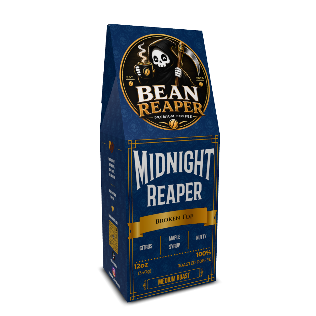 Back label of Bean Reaper Midnight Reaper medium roast blend coffee with tasting notes