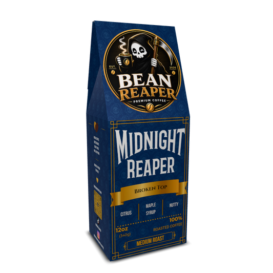 Back label of Bean Reaper Midnight Reaper medium roast blend coffee with tasting notes