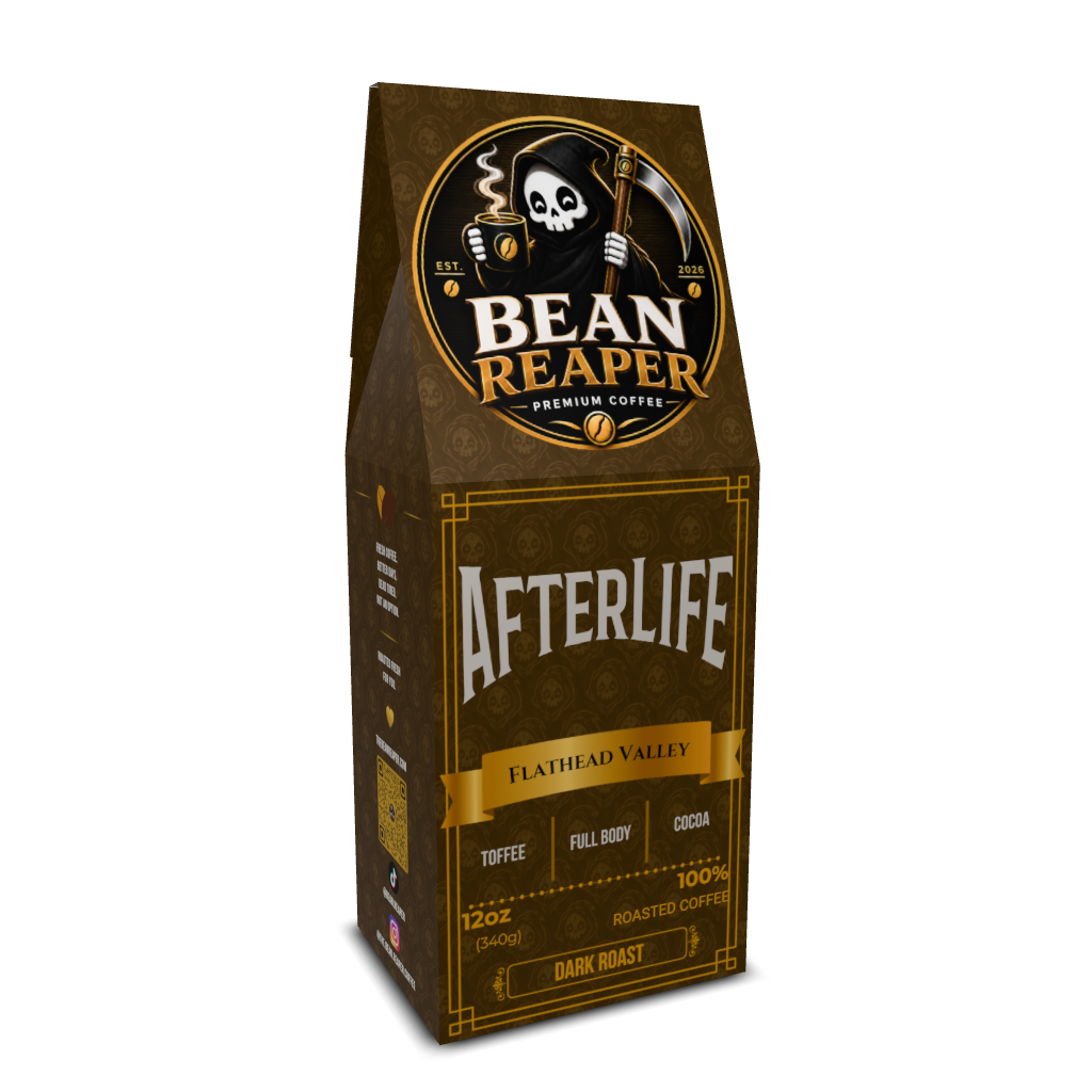 Back label of Bean Reaper Afterlife dark roast blend coffee with tasting notes