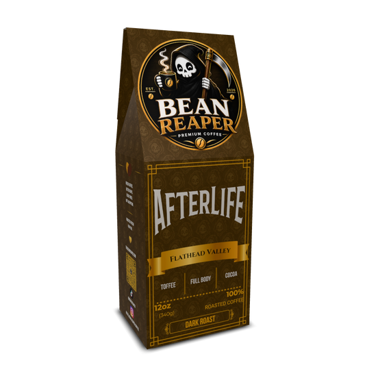 Back label of Bean Reaper Afterlife dark roast blend coffee with tasting notes