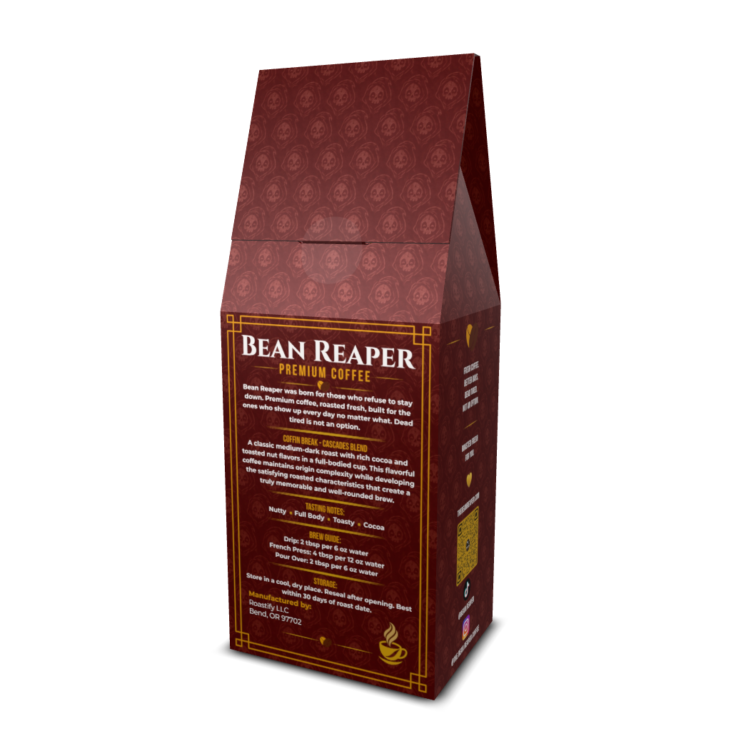 Back label of Bean Reaper Coffin Break medium-dark roast blend coffee with tasting notes