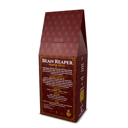 Back label of Bean Reaper Coffin Break medium-dark roast blend coffee with tasting notes