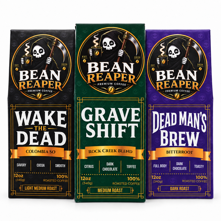 The Reaper’s Sampler — three 12 oz Bean Reaper coffee bags: Wake The Dead, Grave Shift and Dead Man’s Brew
