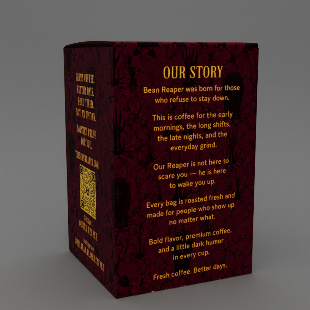 Back of the Six Feet Under coffee pod box showing the Bean Reaper Our Story panel