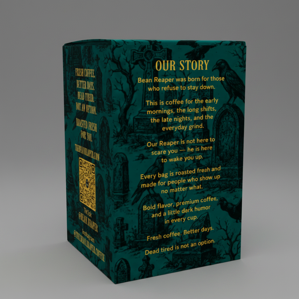 Back of the Tombstone coffee pod box showing the Bean Reaper Our Story panel