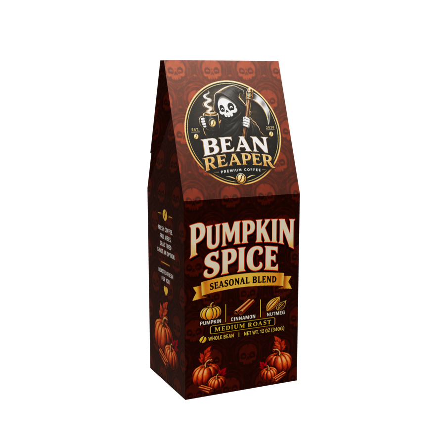 Bean Reaper Pumpkin Spice seasonal blend medium roast coffee, 12 oz bag, front angle