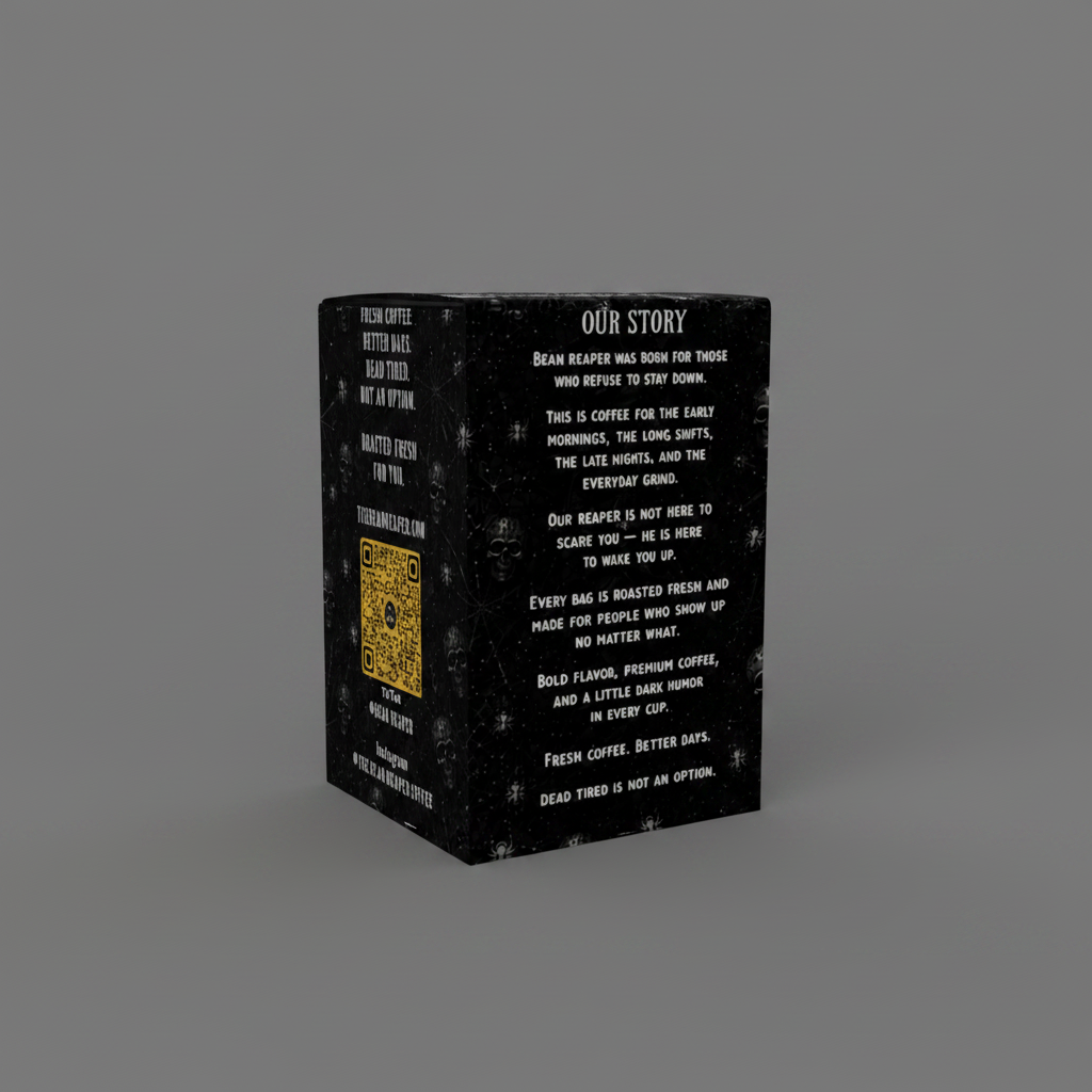 Back of the Dead Awake coffee pod box showing the Bean Reaper Our Story panel
